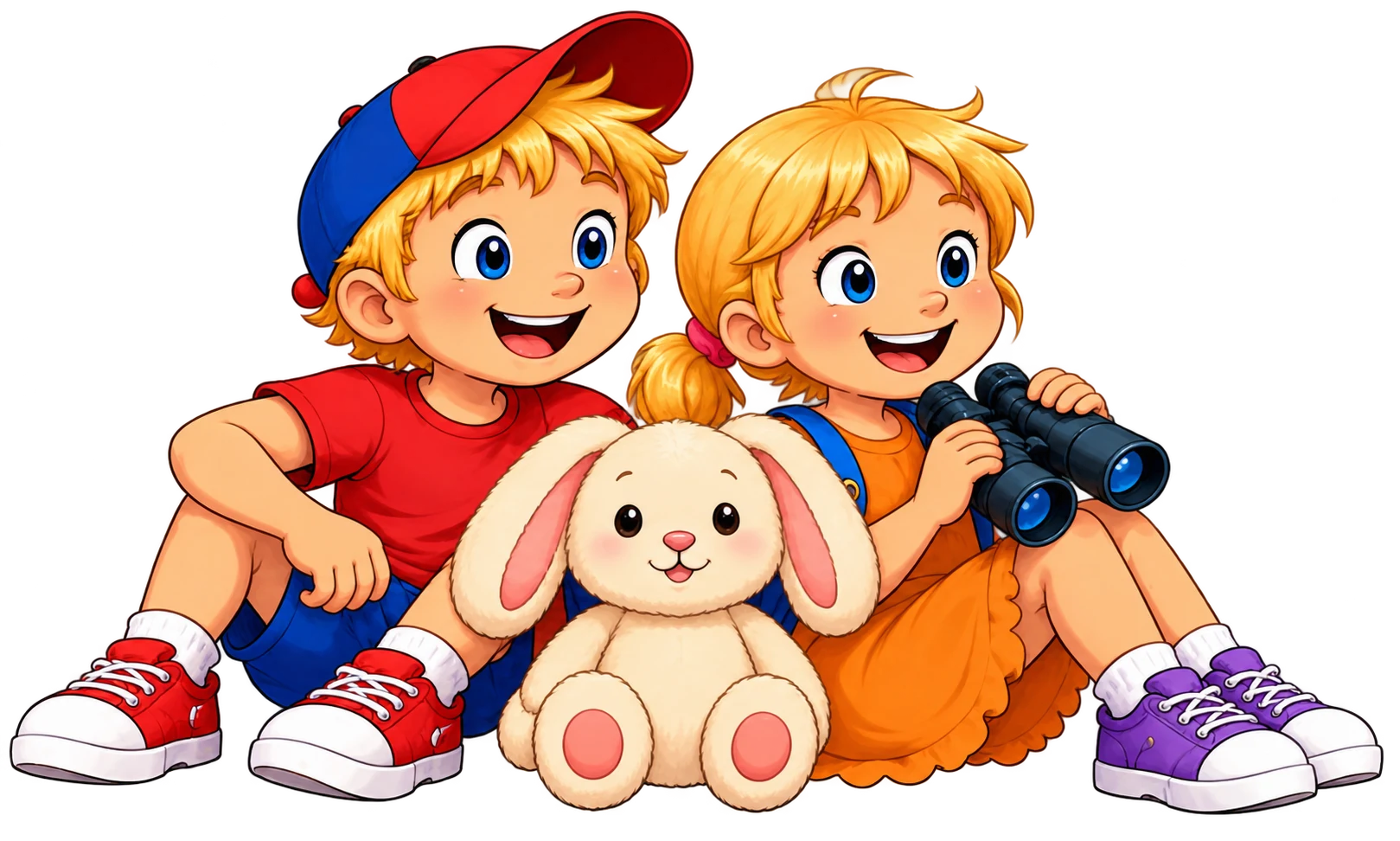 Finn, Lotte met haar blauwe rugtas en Binkie samen
